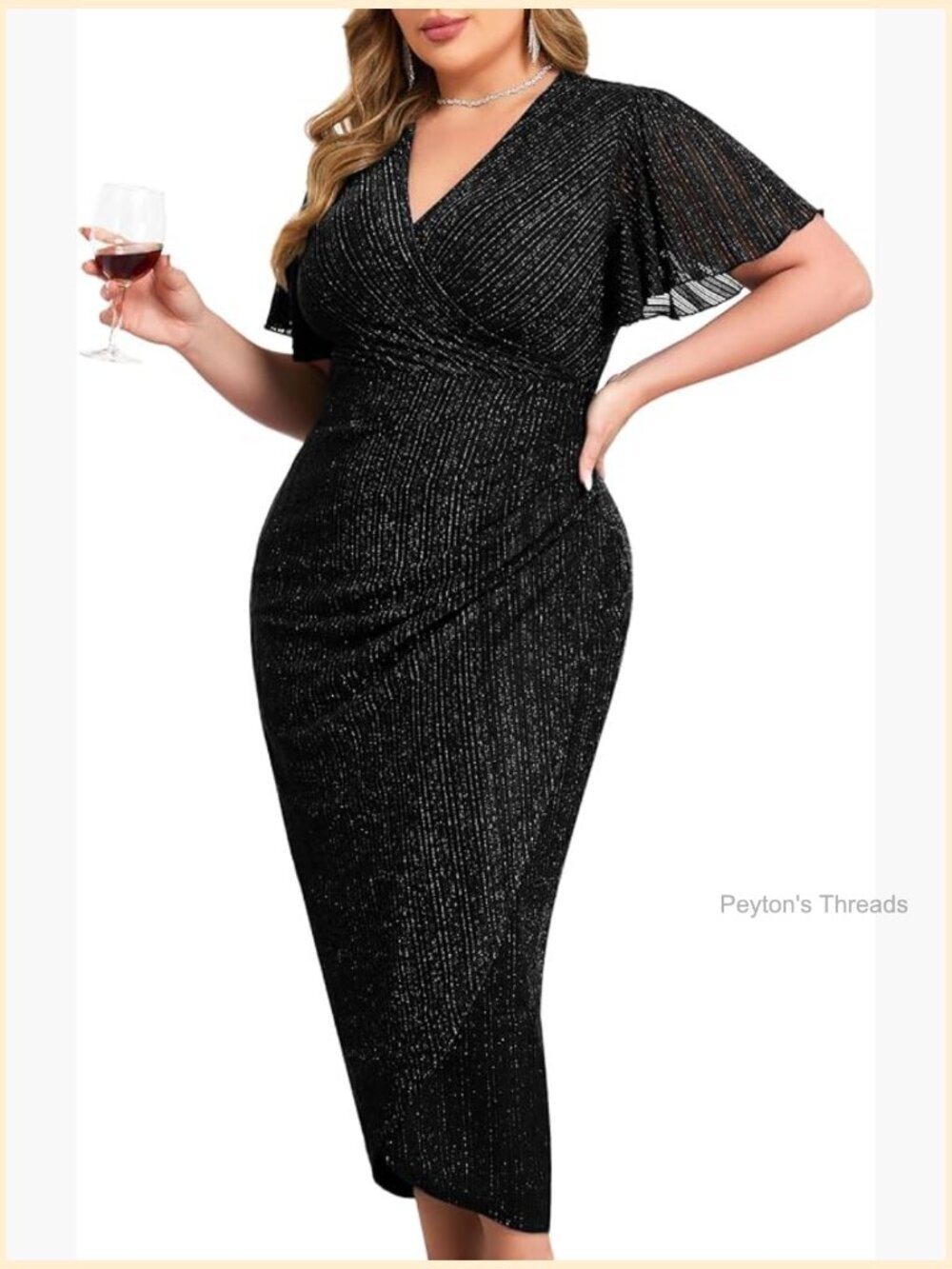 Plus Size Bodycon Sparkly V-Neck Wrap Midi Dress with Ruffle Sleeves